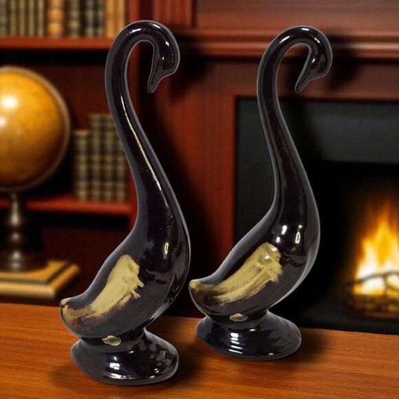 Vintage Japan Redware Pottery Swan Figurines Set 2 Brown Drip Glaze Mid Century - Picture 1 of 12
